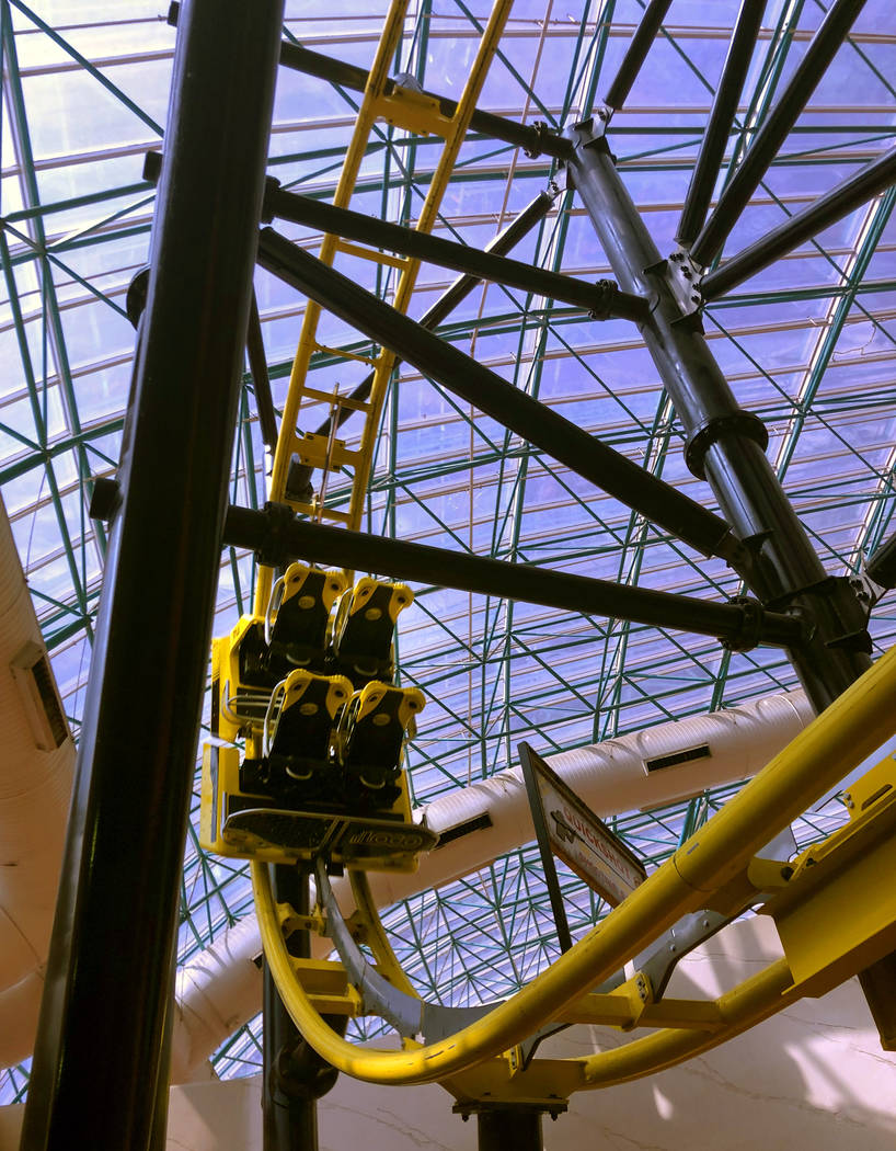 An empty car on The El Loco rollercoaster within the Circus Circus Adventuredome nears the fini ...