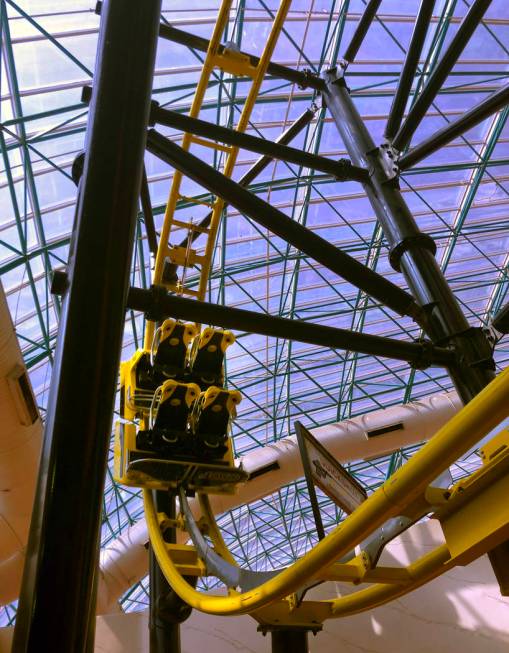 An empty car on The El Loco rollercoaster within the Circus Circus Adventuredome nears the fini ...