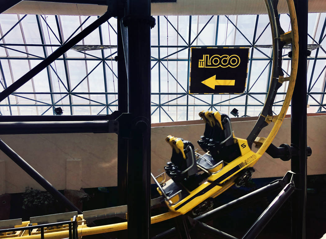 An empty car on The El Loco rollercoaster within the Circus Circus Adventuredome nears the fini ...