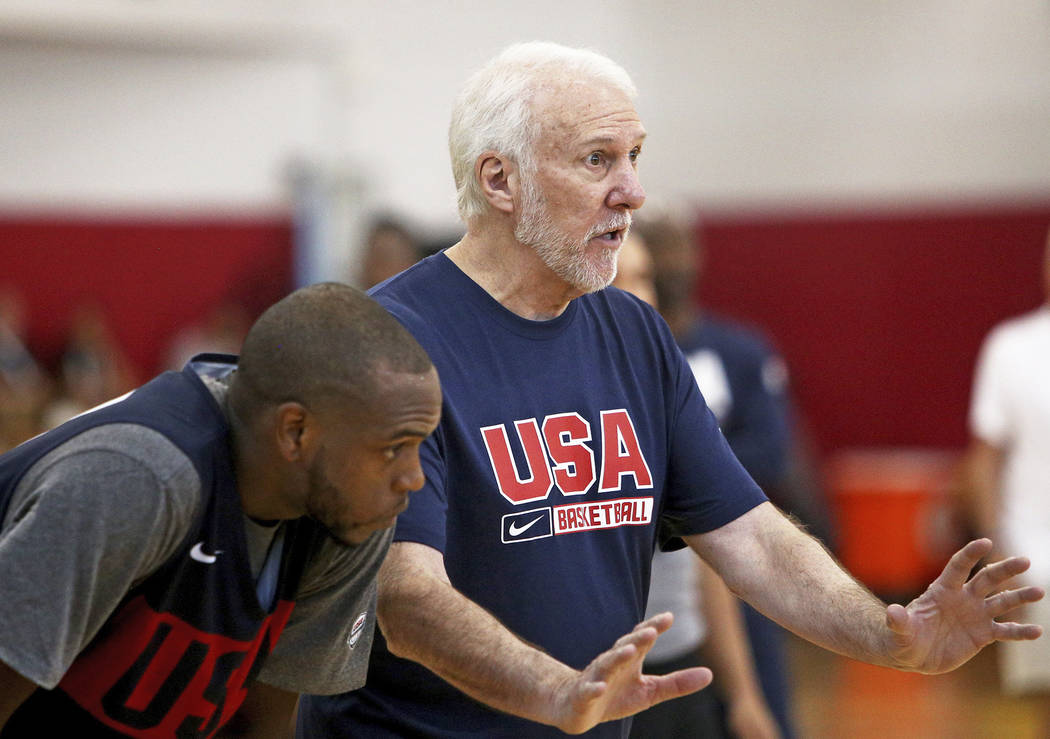 Coach Gregg Popovich of the San Antonio Spurs speaks to players during practice for the USA Men ...