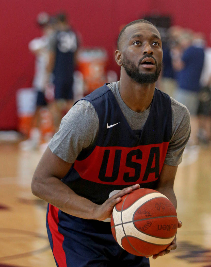 Boston Celtics guard Kemba Walker (26) shoots free throws at practice for the USA Basketball na ...