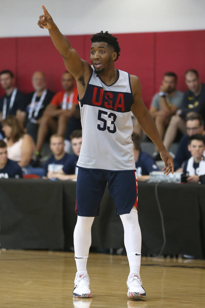 Utah Jazz guard Donovan Mitchell (53) gestures to a teammate during the Team USA training camp ...