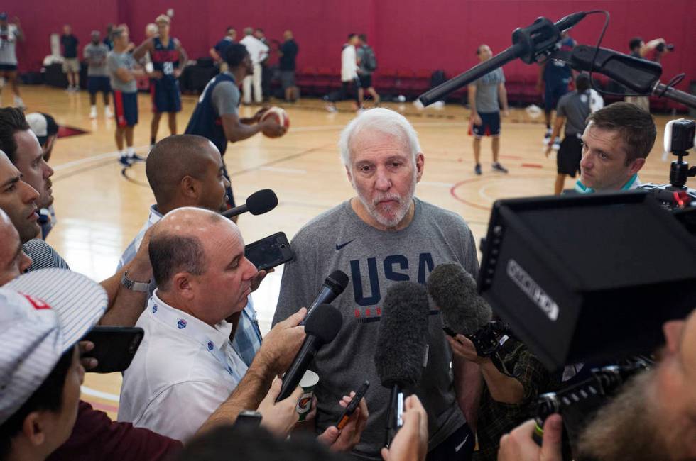 Head coach Gregg Popovich talks to members of the media at practice for the USA Basketball nati ...