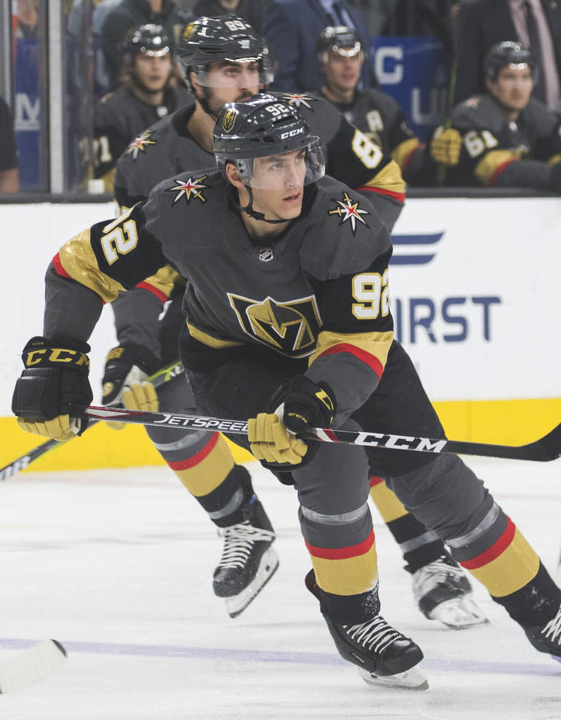 Golden Knights left wing Tomas Nosek (92) on Friday, March 29, 2019, at T-Mobile Arena, in Las ...