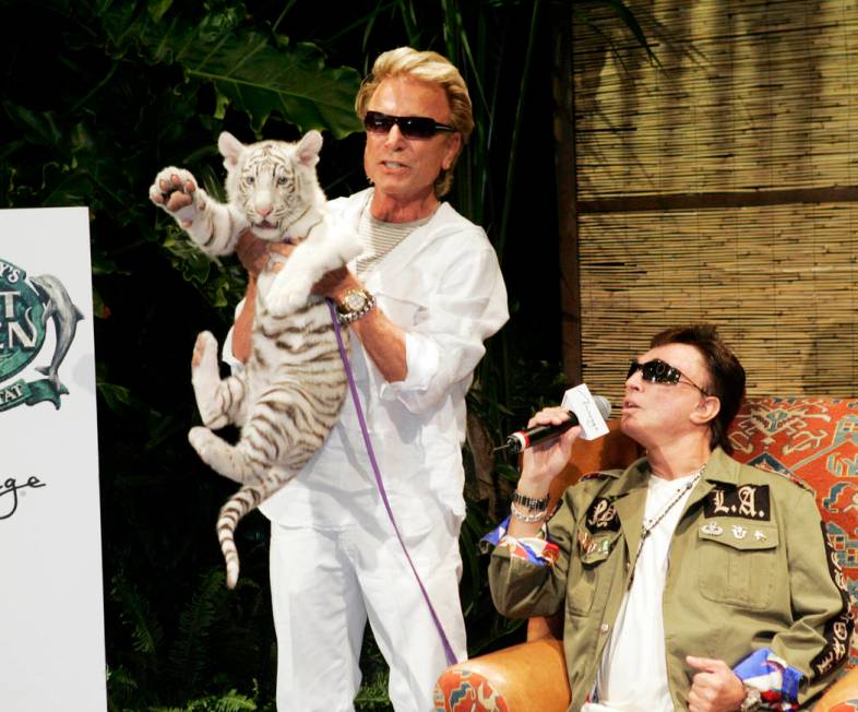 Siegfried Fischbacher, left, holds "Star," a 12-week-old female white tiger, as his show busine ...
