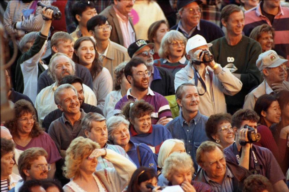 Spectators gathered along Las Vegas Boulevard to record the free show on their high-tech camcor ...