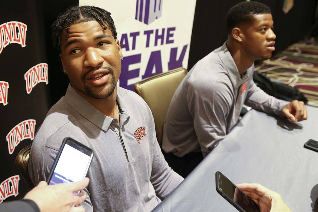 UNLV quarterback Armani Rogers, talks to reporters during Mountain West football media days at ...