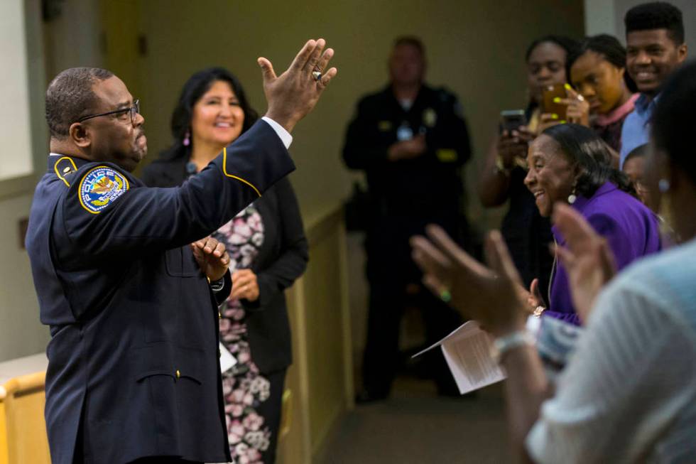 Henderson police chief Thedrick Andres speaks before his ceremonial oath of office during a cit ...