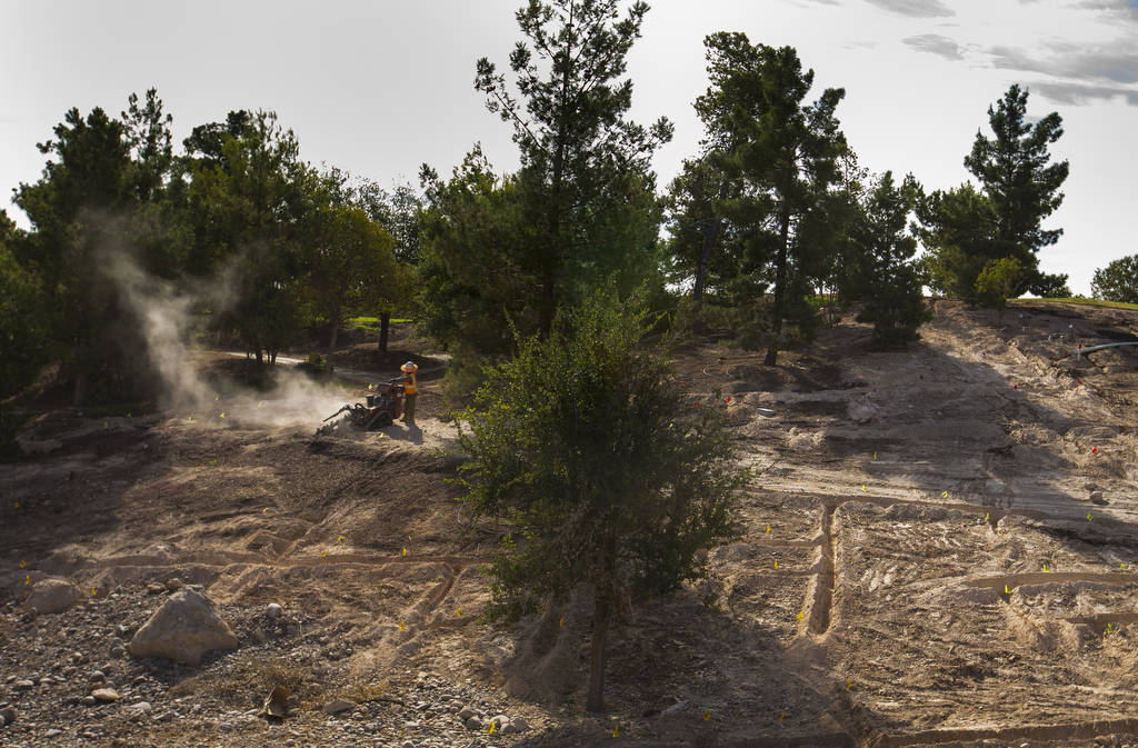 A construction worker carves a concrete path out of the landscape at Wynn Golf Club on Tuesday, ...