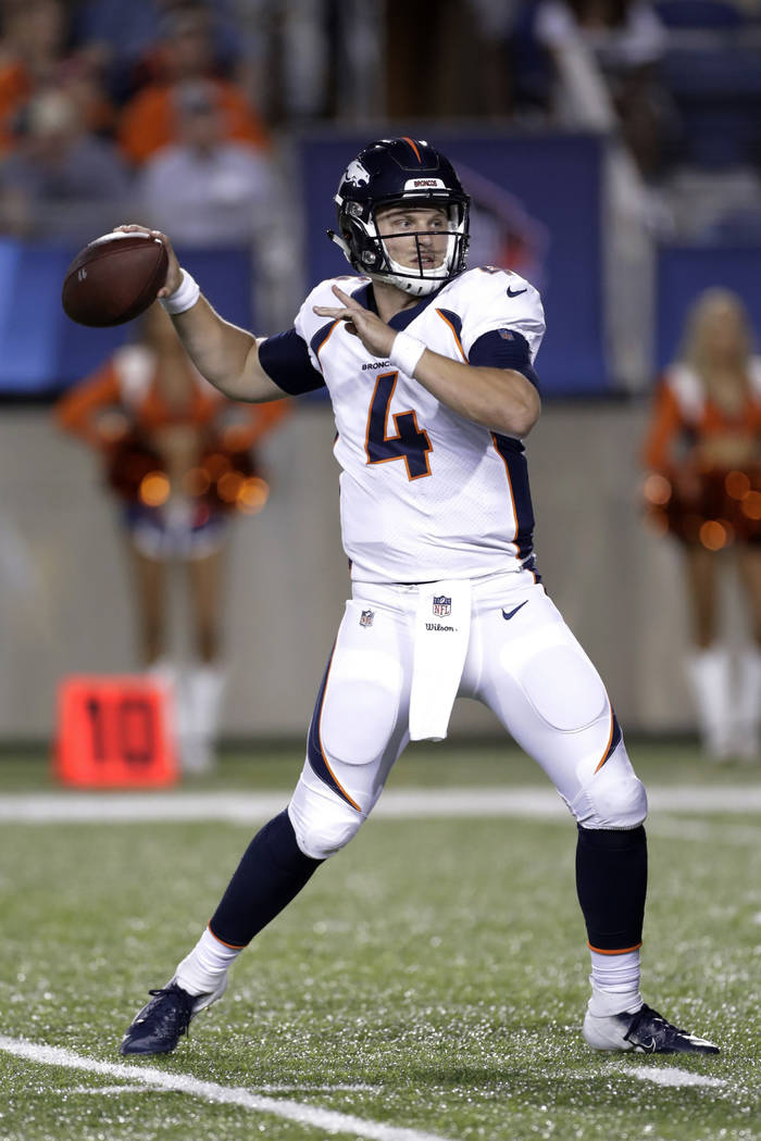 Denver Broncos quarterback Brett Rypien throws a pass during the second half of the team's Pro ...