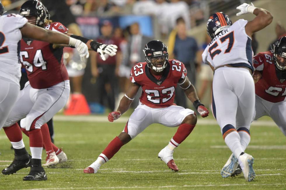 Atlanta Falcons defensive back Jayson Stanley (23) defends during the Pro Football Hall of Fame ...