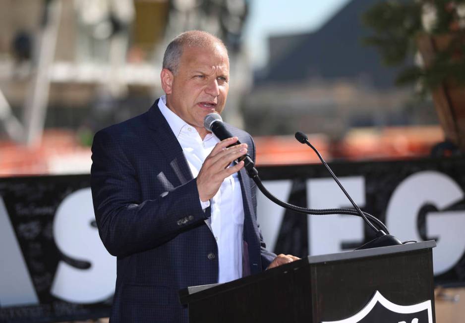 Raiders President Marc Badain speaks during the Las Vegas Stadium Topping Out Ceremony on Aug. ...