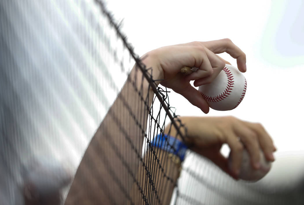 Fans hold baseballs over the protective netting before a spring training game between the New Y ...