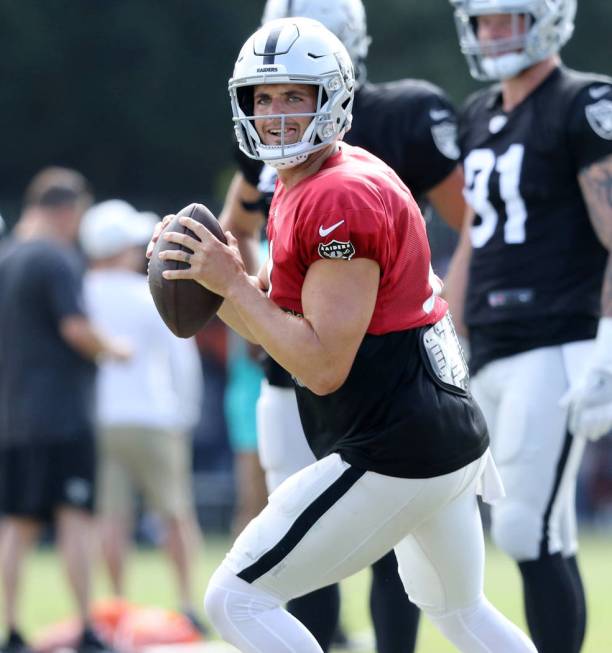 Oakland Raiders quarterback Derek Carr (4) drops back to throw during a joint NFL training camp ...