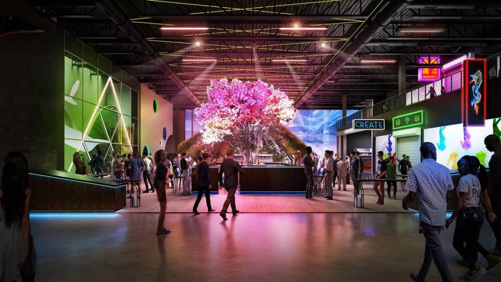 New rendering showcases Oddwood’s nearly 23-foot-tall LED Japanese maple tree at AREA15 in 20 ...