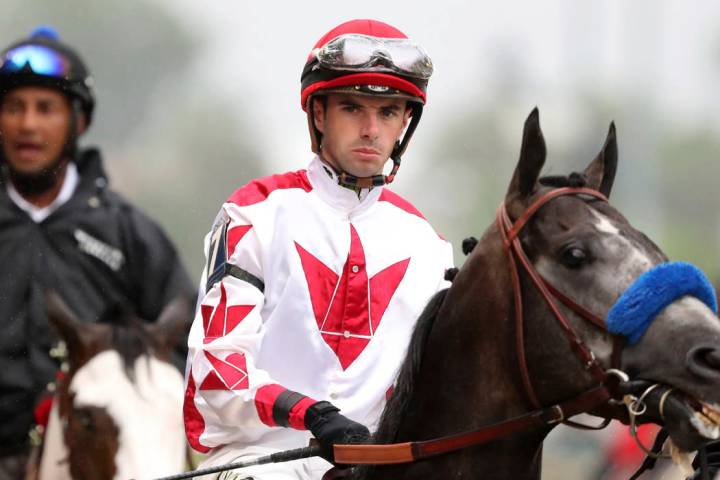 Jockey Florent Geroux is seen aboard Roadster before the Kentucky Derby at Churchill Downs, Sat ...