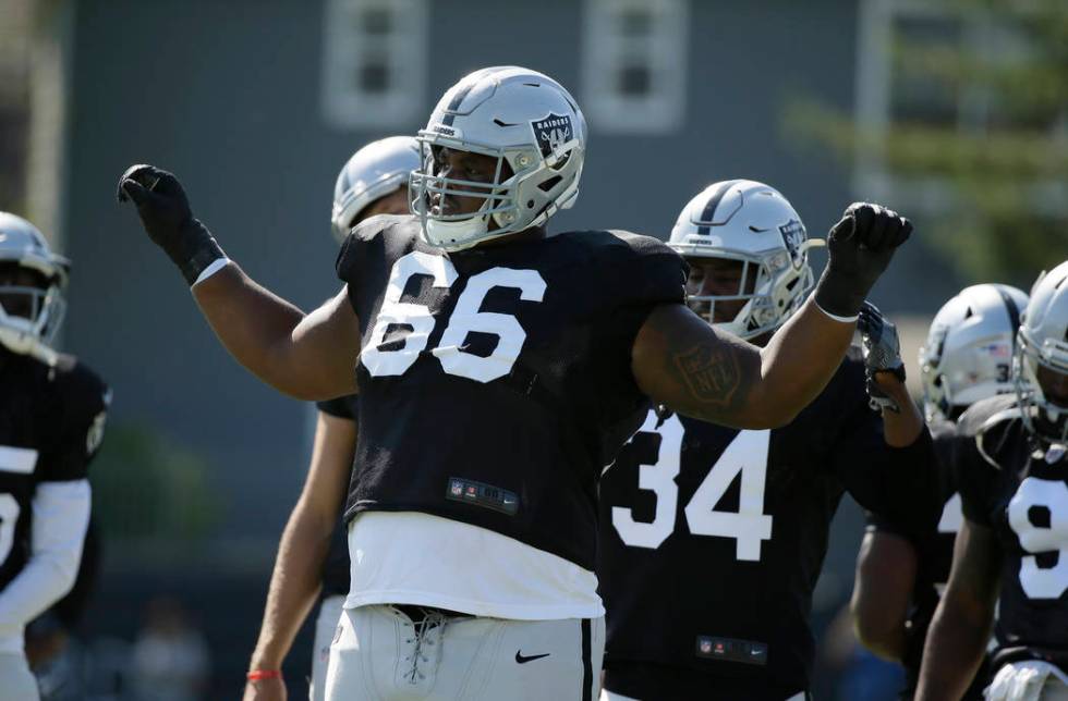 Oakland Raiders offensive guard Gabe Jackson during NFL football training camp Thursday, Aug. 8 ...