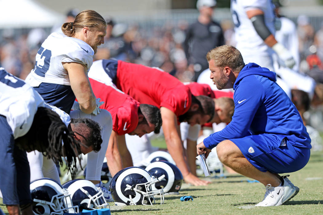 Los Angeles Rams outside linebacker Clay Matthews (52), left, has a discussion with head coach ...