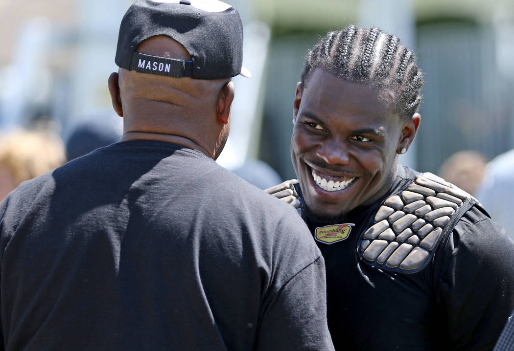 Oakland Raiders running back Jalen Richard after the NFL team's joint training camp practice ag ...