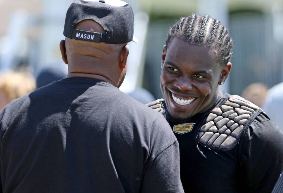 Oakland Raiders running back Jalen Richard after the NFL team's joint training camp practice ag ...