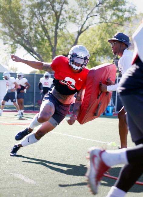 UNLV Rebels safety Drew Tejchman (3) runs drills during practice at Rebel Park, at UNLV in Las ...