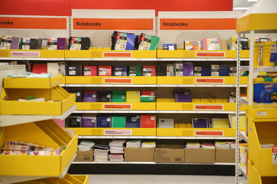 School supplies on sale at Target, 4001 S. Maryland Parkway, in Las Vegas, on Thursday, Aug. 8, ...