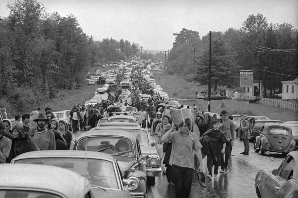 Hundreds of rock music fans jam highway leading from Bethel, New York, Aug. 16, 1969, as they t ...