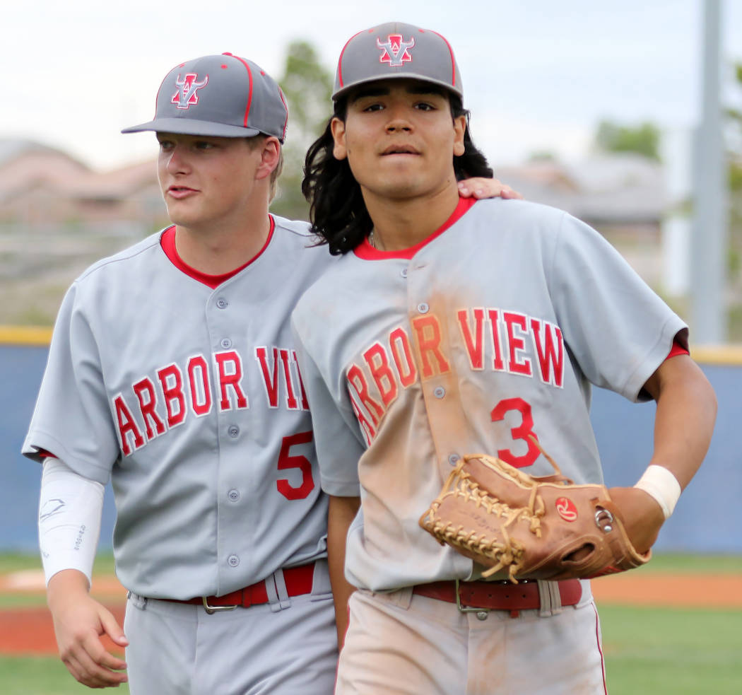 Arbor View baseball players, Justin Hausner, left, and Dominic Clayton, who played for the Moun ...