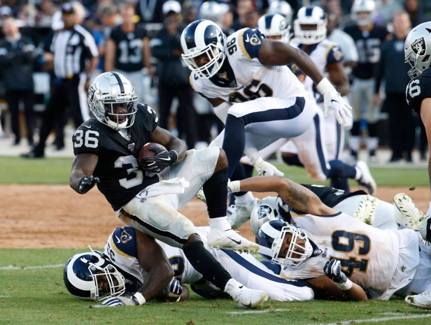 Oakland Raiders' James Butler (36) rushes against the Los Angeles Rams during the second half o ...
