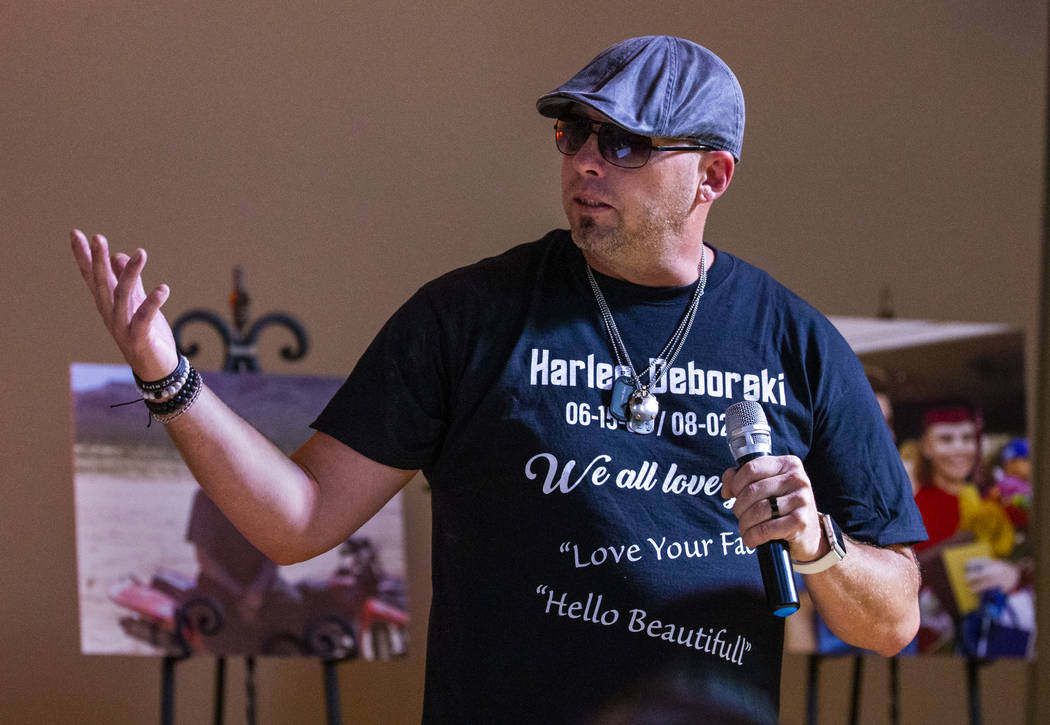 Jason Deborski talks about his son Harlee Deborski during a funeral service for him in the chap ...