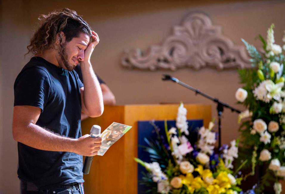 Scott Hills, a close friend of Harlee Deborski, breaks down for a moment while speaking during ...