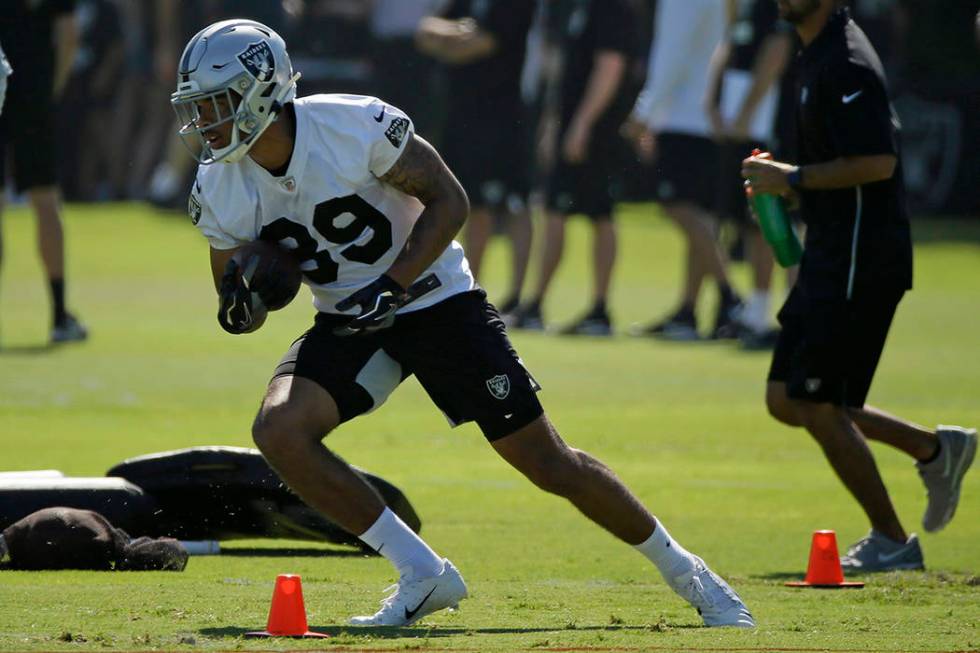 Oakland Raiders wide receiver Keelan Doss during NFL football training camp Saturday, July 27, ...