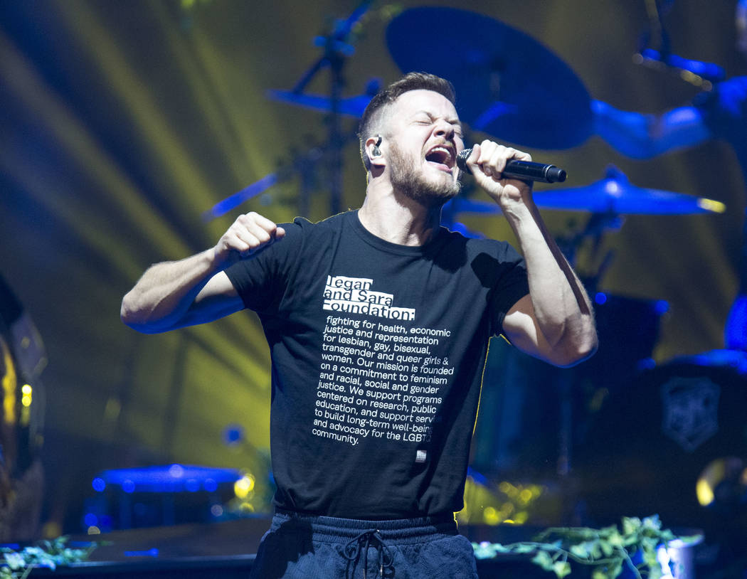 Imagine Dragons frontman Dan Reynolds performs during a show for the bands' new album "Ori ...