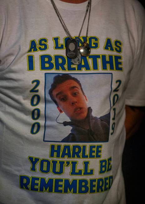A t-shirt worn by Jason Deborski in honor of his son Harlee Deborski during a candlelight vigil ...