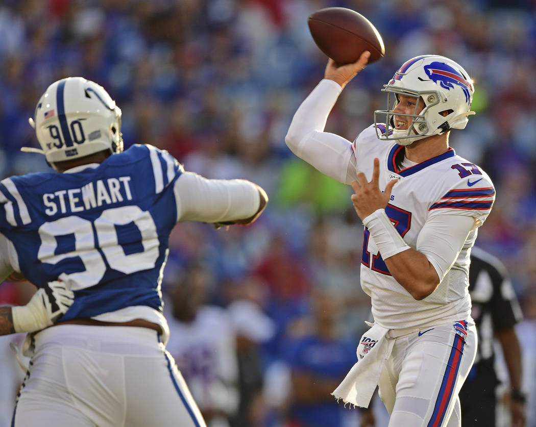 Buffalo Bills' quarterback Josh Allen (17) throws a pass during the first half of an NFL presea ...