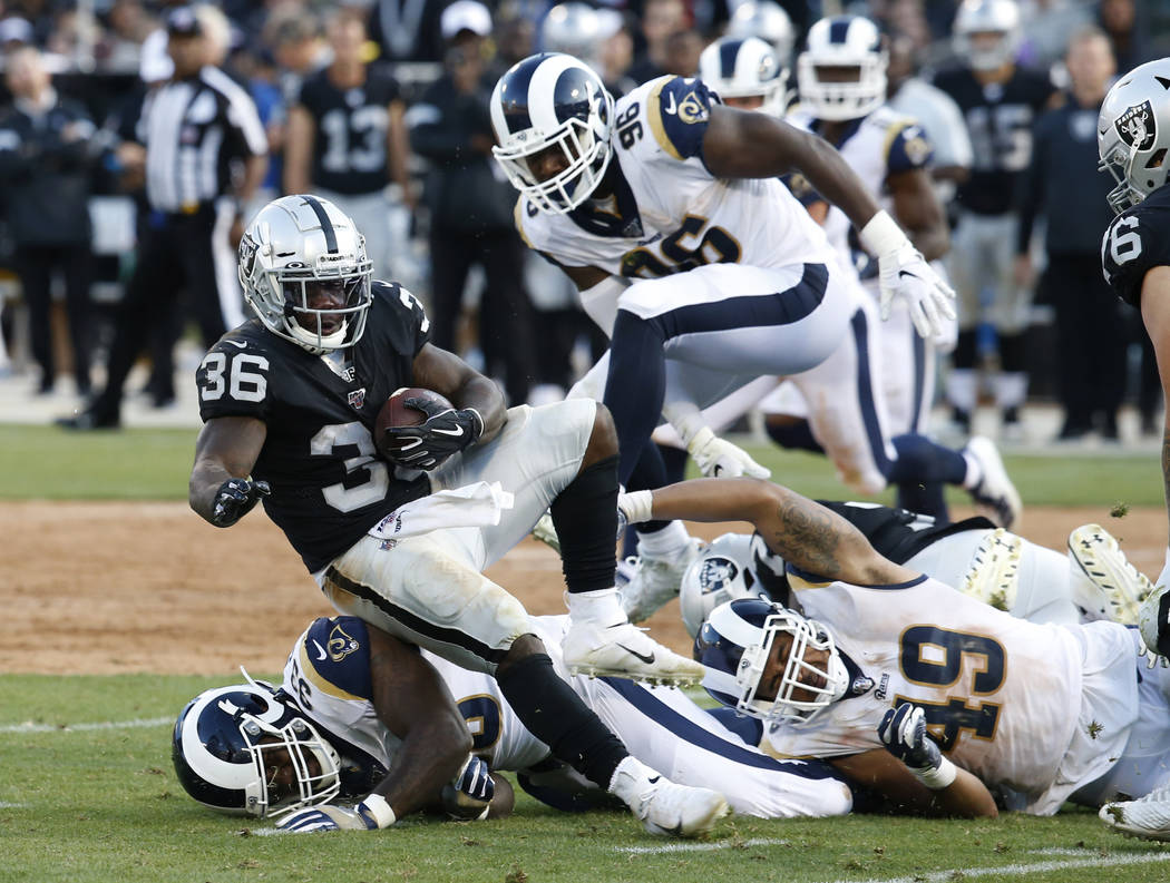 Oakland Raiders' James Butler (36) rushes against the Los Angeles Rams during the second half o ...