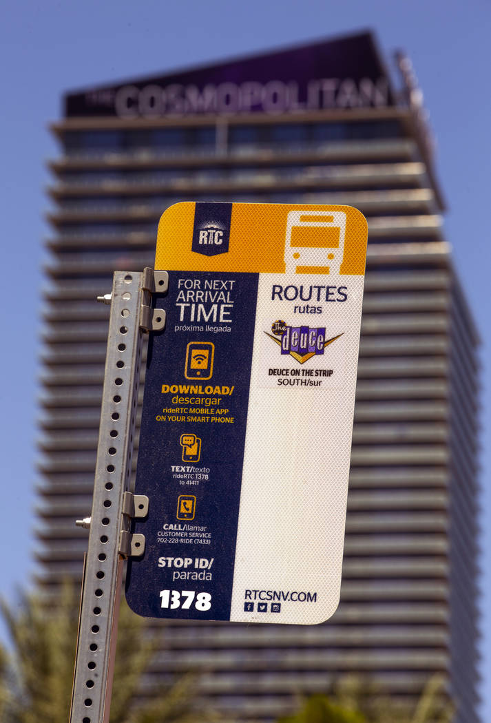 A route sign marks a RTC bus stop at CVS Pharmacy on the Strip on Tuesday, Aug. 13, 2019 in Las ...