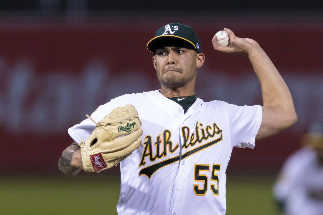 Oakland Athletics pitcher Sean Manaea, recovering from shoulder surgery and rehabbing with the ...