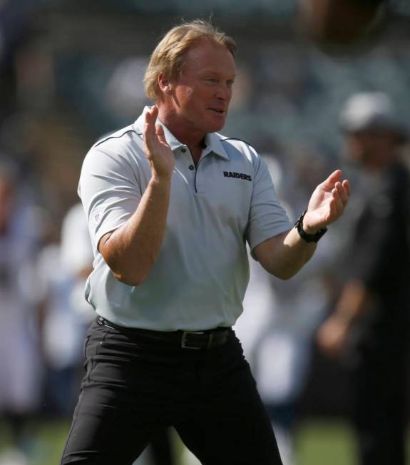 Oakland Raiders coach Jon Gruden prior to an NFL football game against the Los Angeles Rams Sat ...