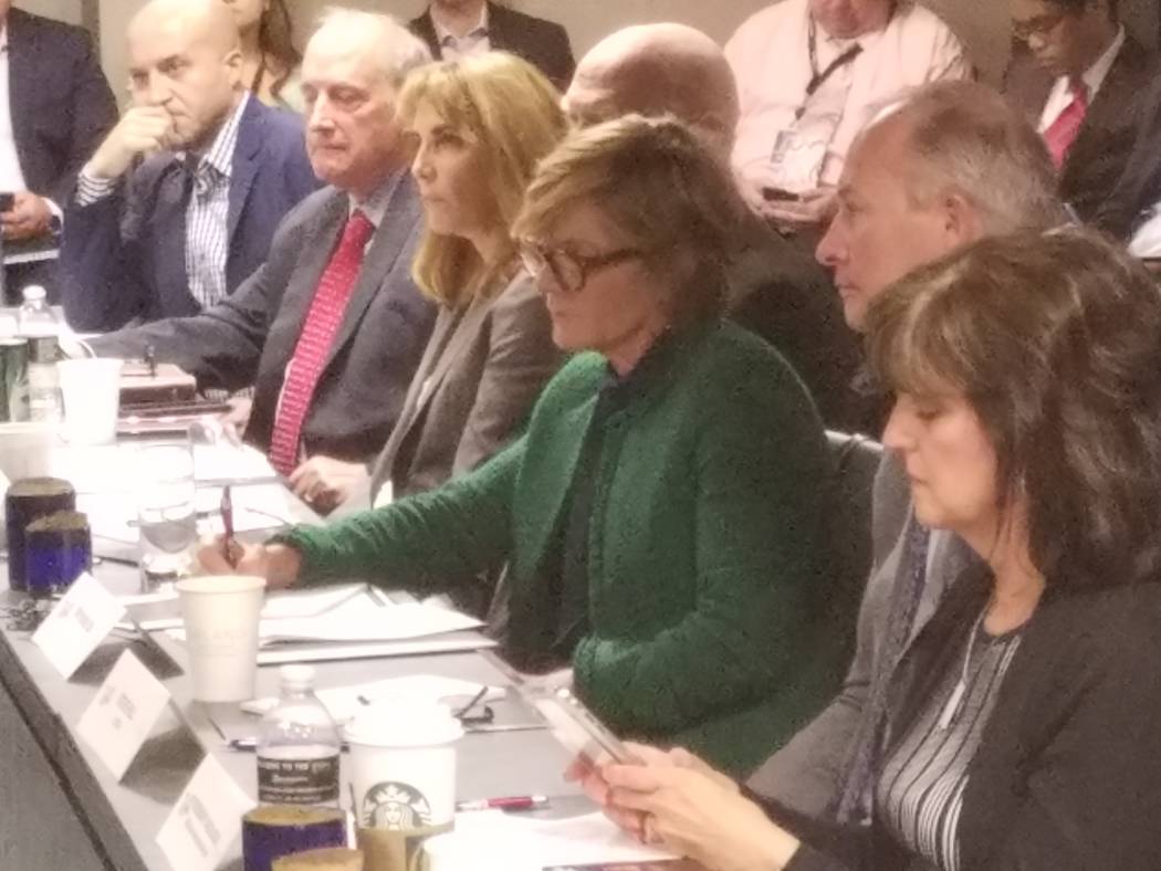 Rep. Susie Lee, D-Nev., takes notes during her Travel Talks Roundtable Wednesday, Aug. 14, 2019 ...