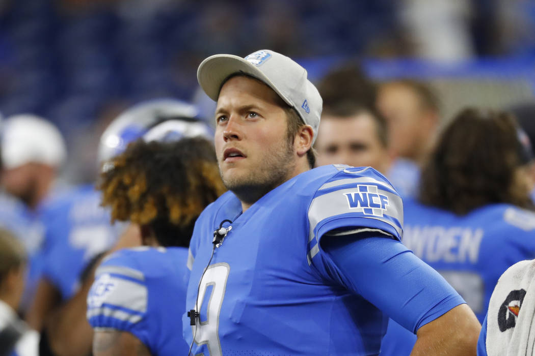Detroit Lions quarterback Matthew Stafford (9) watches against the New England Patriots during ...