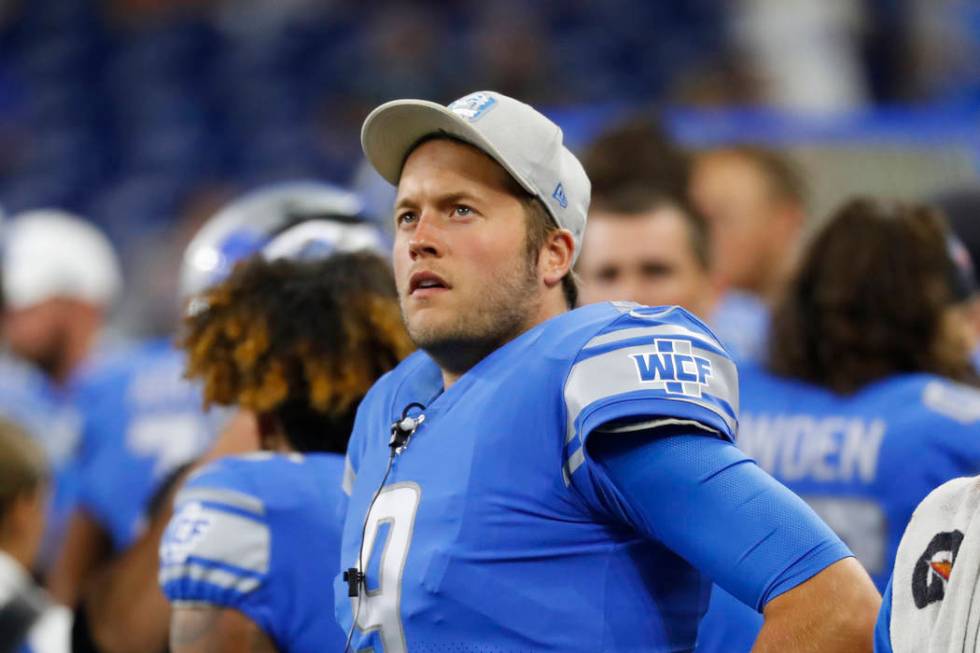 Detroit Lions quarterback Matthew Stafford (9) watches against the New England Patriots during ...