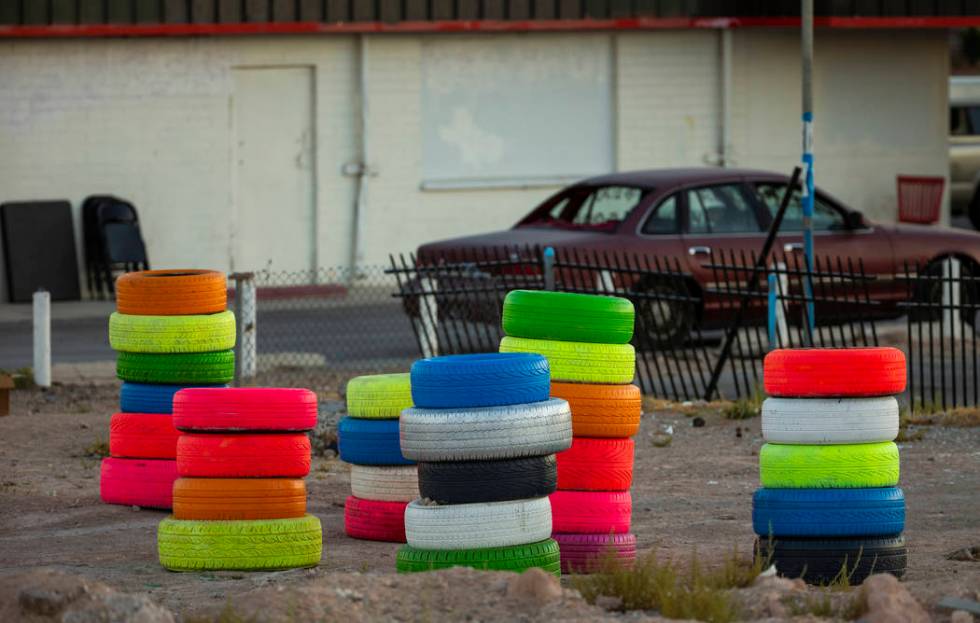 Seven Magic Tires art installation created by Ramiro Gomez and Justin Favela at 1000 N. Nellis ...