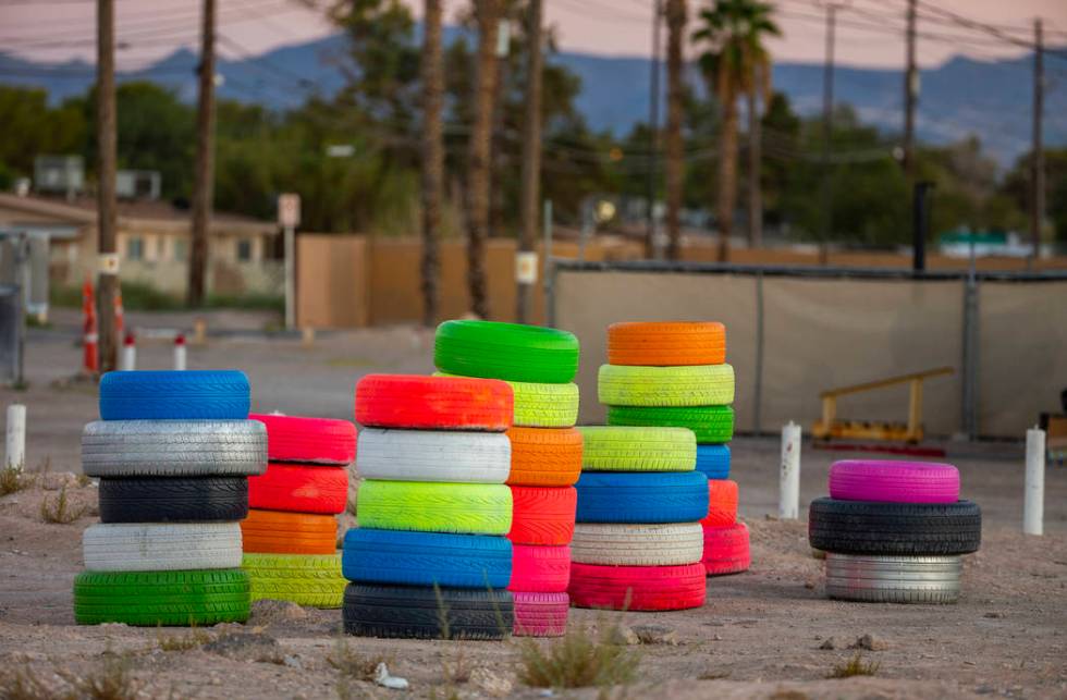 Seven Magic Tires art installation created by Ramiro Gomez and Justin Favela at 1000 N. Nellis ...