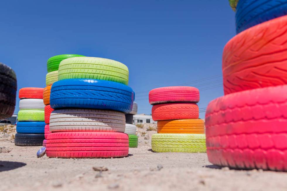 Seven Magic Tires art installation created by Ramiro Gomez and Justin Favela is seen in Las Veg ...