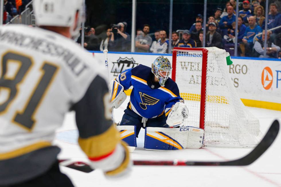 St. Louis Blues' goalie Jordan Binnington (50) makes a save against the Vegas Golden Knights du ...