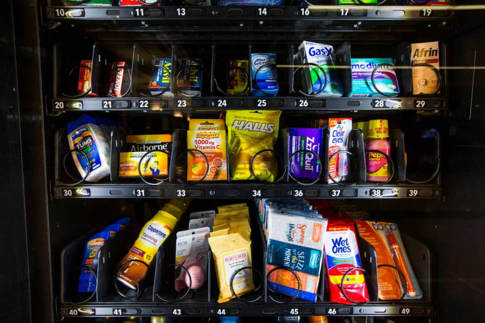 Items in a pharmacy vending machine in Terminal 3 at McCarran International Airport in Las Vega ...