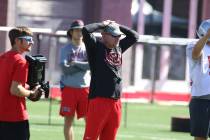 UNLV Rebels head coach Tony Sanchez reacts on a bad play during team practice on Tuesday, Aug. ...