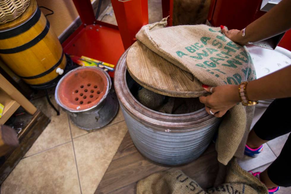 Barrels that hold coffee beans at Java Tree at Flamingo Road and Decatur Boulevard in Las Vegas ...