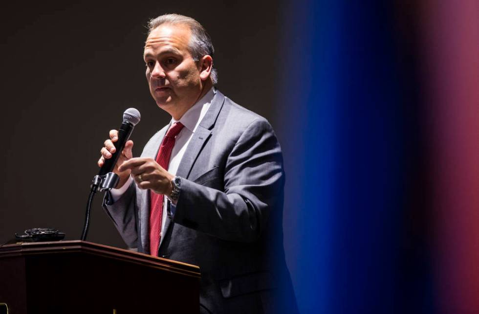 Clark County School District superintendent Jesus Jara speaks during a ribbon-cutting ceremony ...